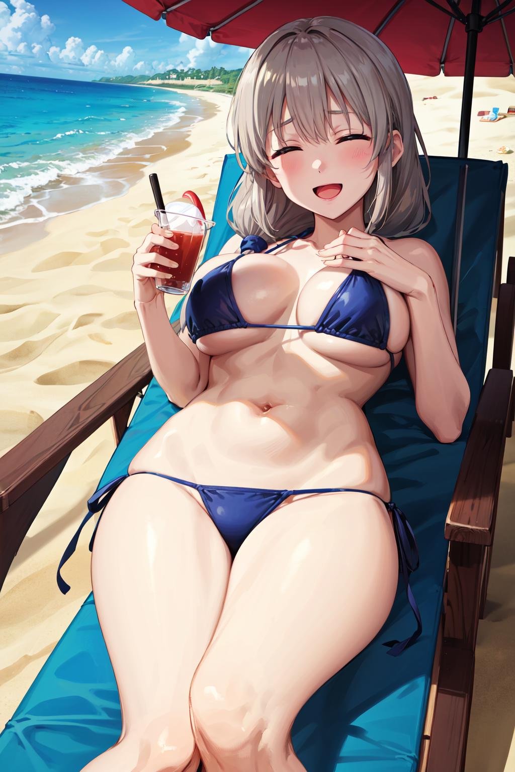 masterpiece,best quality,highres,ultra-detailed,bbtsuki,closed eyes,long hair,bangs,huge breasts,swimsuit,bikini,micro bikini,side-tie bikini bottom,<lora:uzaki_tsuki:0.8>,beach,beach umbrella,beach chair,on back,:d,sideways_glance,cup,holding cup,