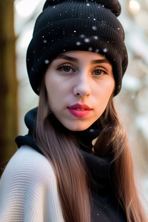 wo_heidyp01, head and shoulders shot, facing the camera, wearing a black turtleneck sweater, snowing, cozy house, from the window snowy forest background, (high detailed skin:1.2), 8k uhd, dslr, soft lighting, high quality, film grain, Fujifilm XT3