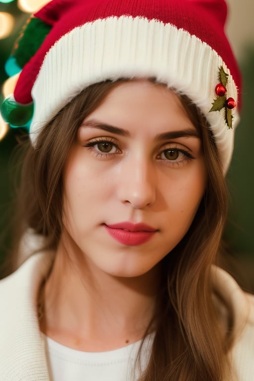 a photo of wo_heidyp01, delicate traits, Sharp Focus, low key lighting, shot on Lumix GH5, cinematic bokeh, beanie, christmas sweater, christmas clothes, (simple background:1.2), sharp cheekbones, teasing, detailed skin, Detailedface