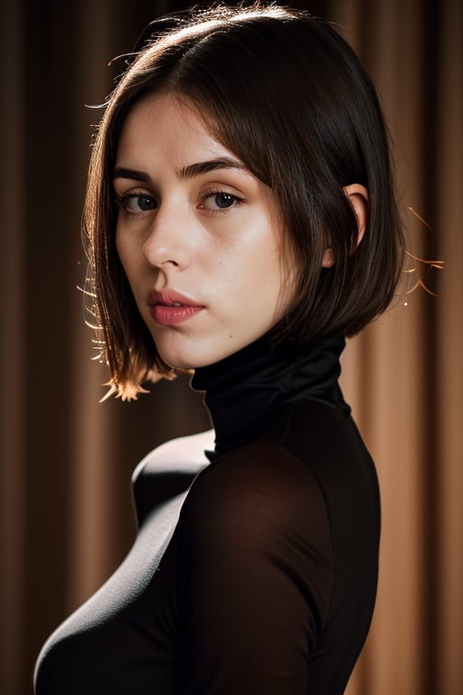 woman,  delicate traits,  Sharp Focus,  (wo_heidyp01),  (close-up:0.1),  low key lighting,  shot on Lumix GH5,  cinematic bokeh,  black tight turtleneck shirt,  brown hair,  (simple background:1.2),  sharp cheekbones,  teasing,  detailed skin, Detailedface