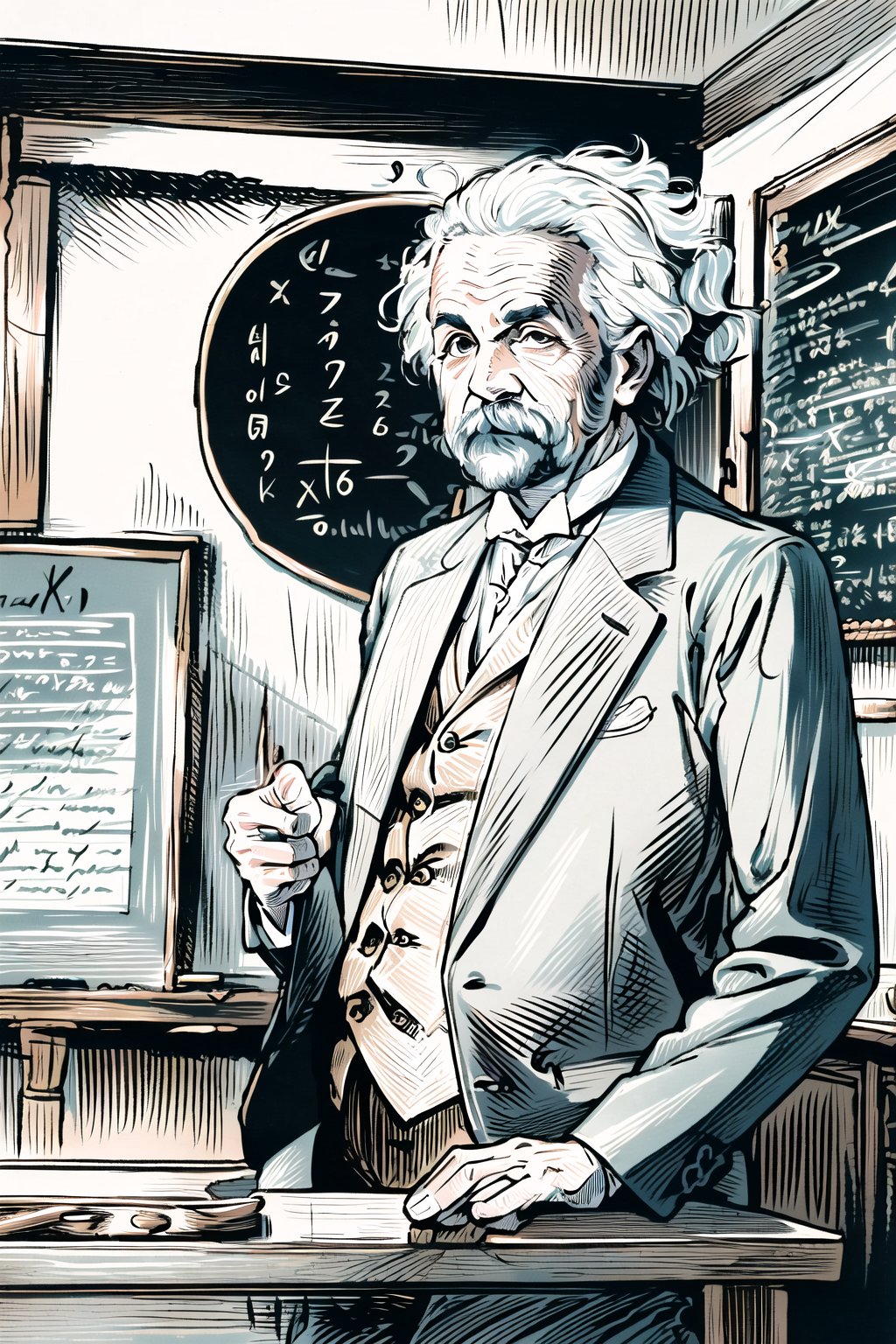 woodcut,a man that is standing in front of a blackboard, by Konrad Witz, pexels, precisionism, portrait of einstein, wax figure, a silver haired mad, ,Extremely Realistic, Best quality, master piece, high resolution, high quality, high detail, perfect human anatomy, realistic , cute and small face and eyes and body and fingers and skin, perfect  face and eyes and body and fingers and skin, detailed face and eyes and body and fingers and skin, 16K,
cute face, detailed ,realistic picture, ((full bang)), 2023's, ,Realism,sketch art, traditional chinese ink painting,game interface