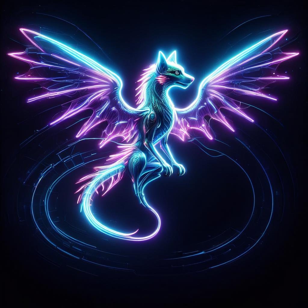 nlgtstyle<lora:nlgtstyle:1>, gigantic swift root-like retro canine life form, 1 leg multipedal, six-fingered hands,  bushy-tailed, icy scales,    celestial wings ((captivating,stencil,silver brownian motion,translation,amethyst purple,amethyst luminescent ,zigzag lines,dotted lines,cybernetic storms,gaseous,hexagonal prism,drifting,time travel,heart magic:1.0) wings attached to the back),