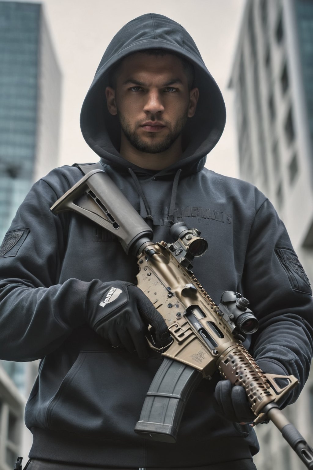 Masterpiece, ultra high res, ultra high quality, a guy standing at city, day, hoodie, hooded, handsome face, full body, (holding an assaults rifles with two hands. M16 rifle), focus on viewer, front view, from below, low key, dark tone, ultra detailed, ultra realistic, ultra reflection, 8k,M16 Rifle series,HellAI,more detail XL