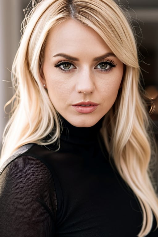 woman,  delicate traits,  Sharp Focus,  (wo_lexbelle01),  (close-up:0.1),  low key lighting,  shot on Lumix GH5,  cinematic bokeh,  black tight turtleneck shirt,  blonde hair,  (simple background:1.2),  sharp cheekbones,  teasing,  detailed skin, Detailedface