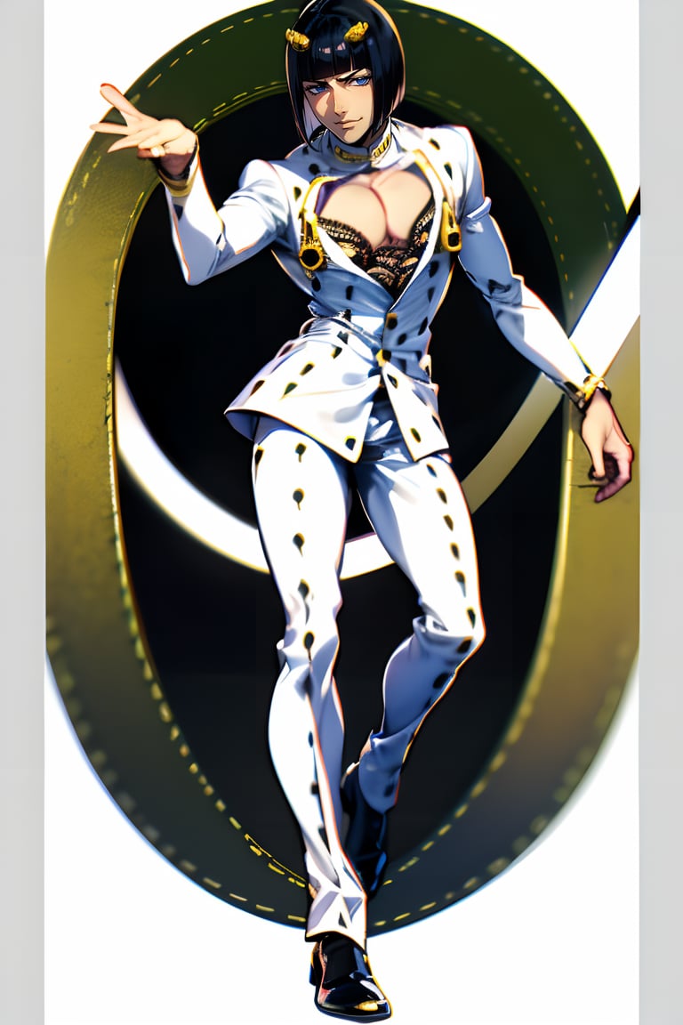 full body,  bruno bucciarati,  bucciarati from jojo's bizarre adventure,  ((solo)),  1boy,  short hair,  black hair,  pectoral cleavage,  male focus,  single,  smile,  centered,  facing forward,  looking at the viewer,  white suit,  white shirt,  zippers,  detailed,  blue eyes,  closed mouth,  sexy, TOROGAO,<lora:EMS-250303-EMS:0.800000>,<lora:EMS-247814-EMS:0.800000>