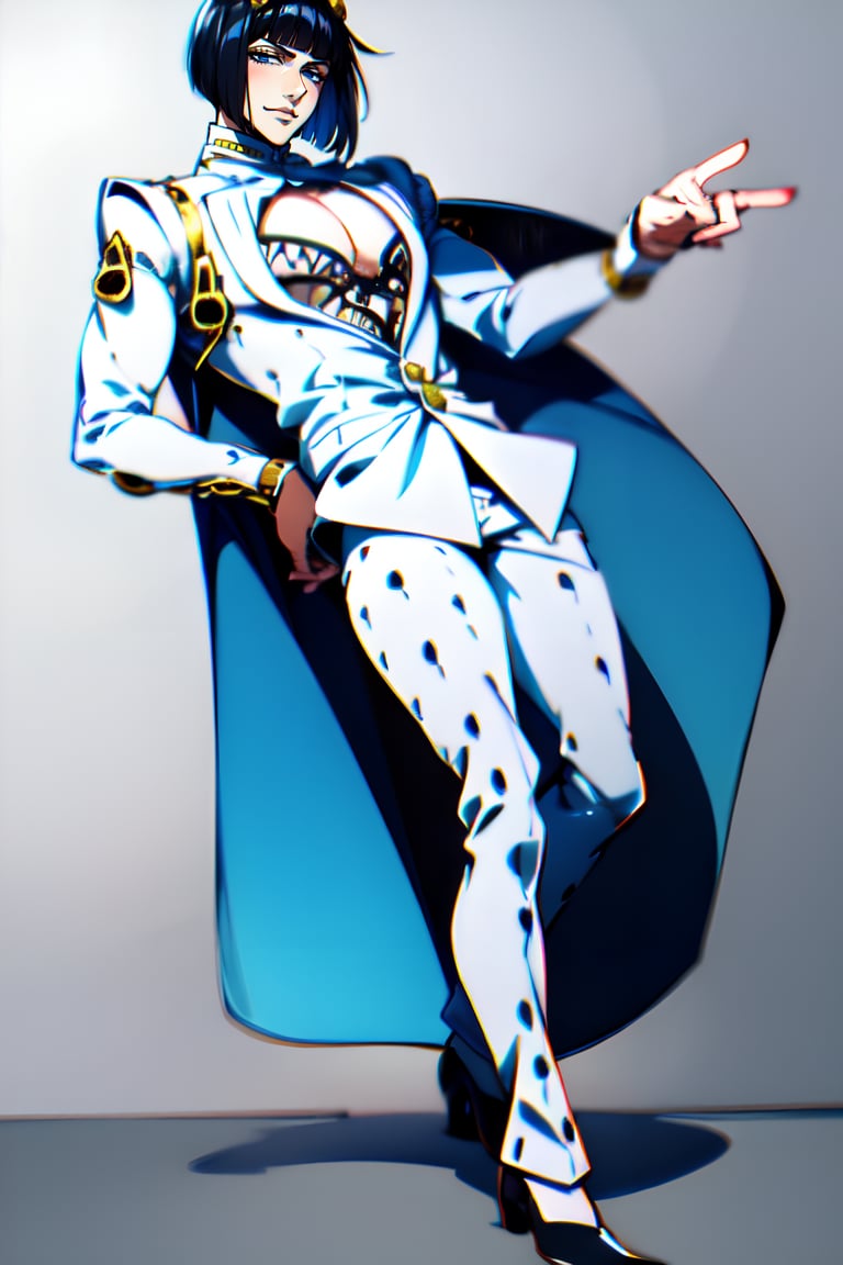 full body,  bruno bucciarati,  bucciarati from jojo's bizarre adventure,  ((solo)),  1boy,  short hair,  black hair,  pectoral cleavage,  male focus,  single,  smile,  centered,  facing forward,  looking at the viewer,  white suit,  white shirt,  zippers,  detailed,  blue eyes,  closed mouth,  sexy, TOROGAO,<lora:EMS-250303-EMS:0.800000>,<lora:EMS-247814-EMS:0.800000>