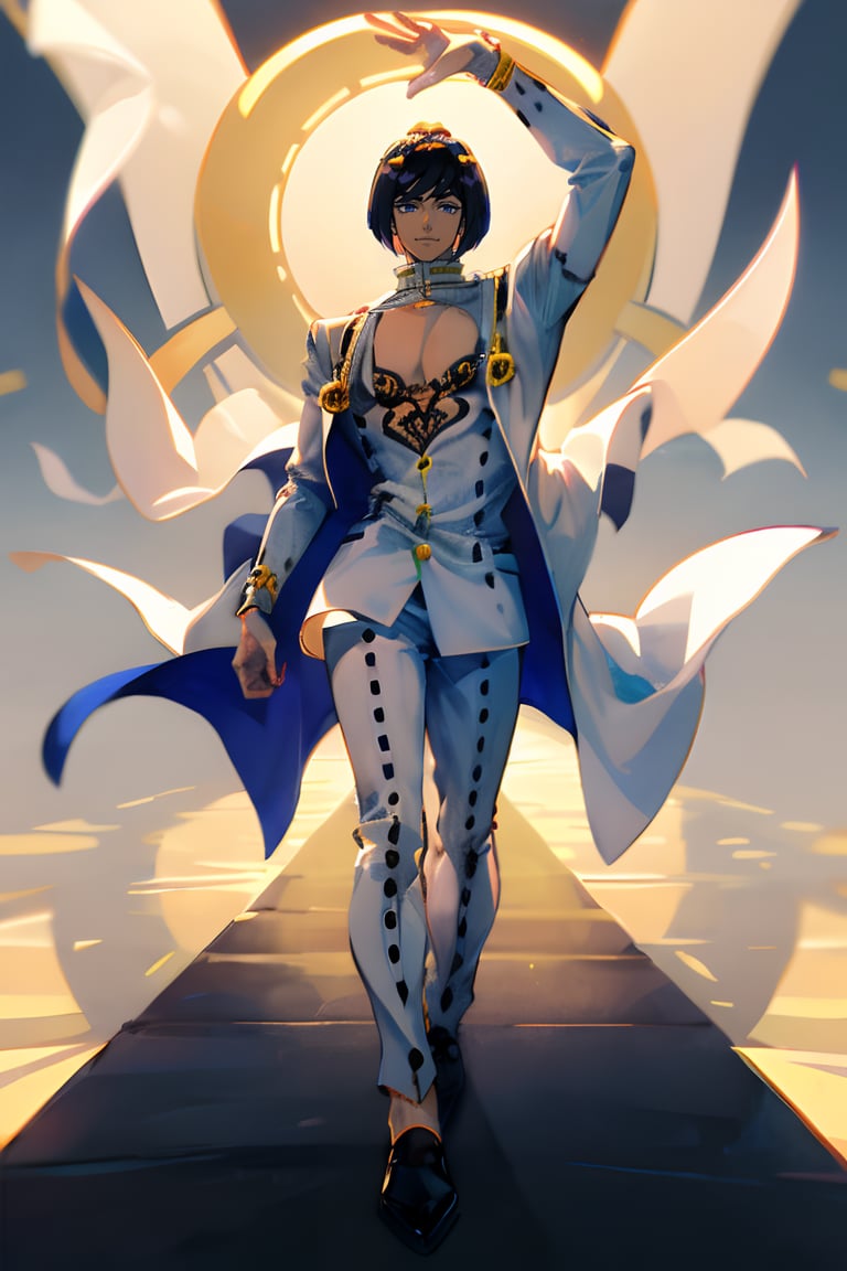 full body,  bruno bucciarati,  bucciarati from jojo's bizarre adventure,  ((solo)),  1boy,  short hair,  black hair,  pectoral cleavage,  male focus,  single,  smile,  centered,  facing forward,  looking at the viewer,  white suit,  white shirt,  zippers,  detailed,  blue eyes,  closed mouth,  sexy,<lora:EMS-250303-EMS:0.800000>