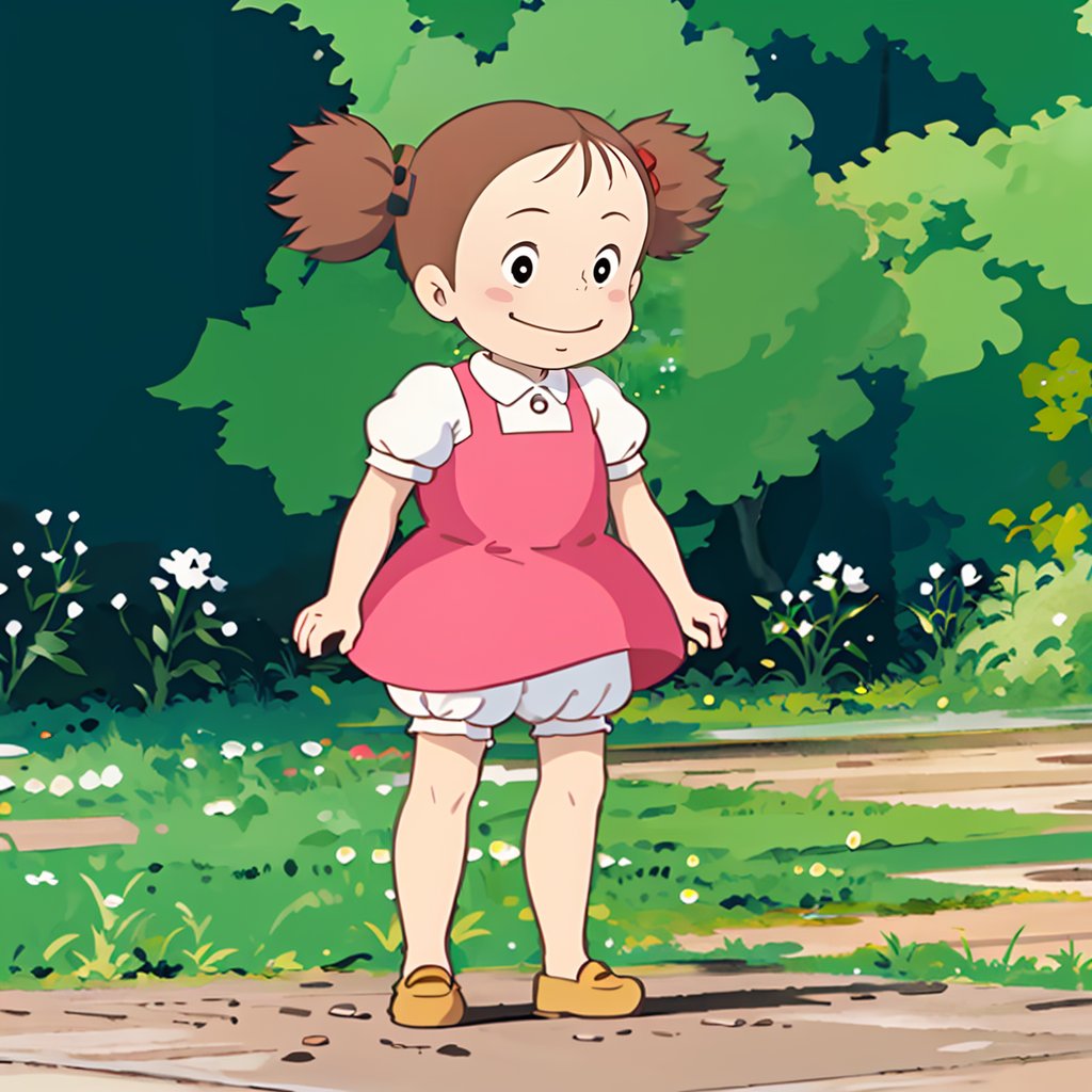 <lora:totoro001:0.7>,solo,Mei,1girl,child,short twintails,black eyes,hair bow,pink dress,puffy short sleeves,white bloomers,full body,standing,smile,