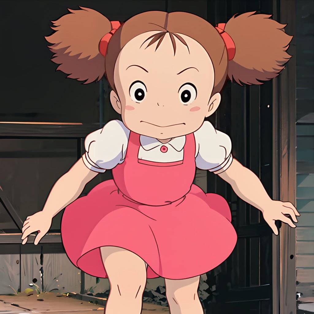 <lora:totoro001:0.7>,solo,Mei,1girl,child,brown hair,short twintails,black eyes,hair bow,pink dress,puffy short sleeves,