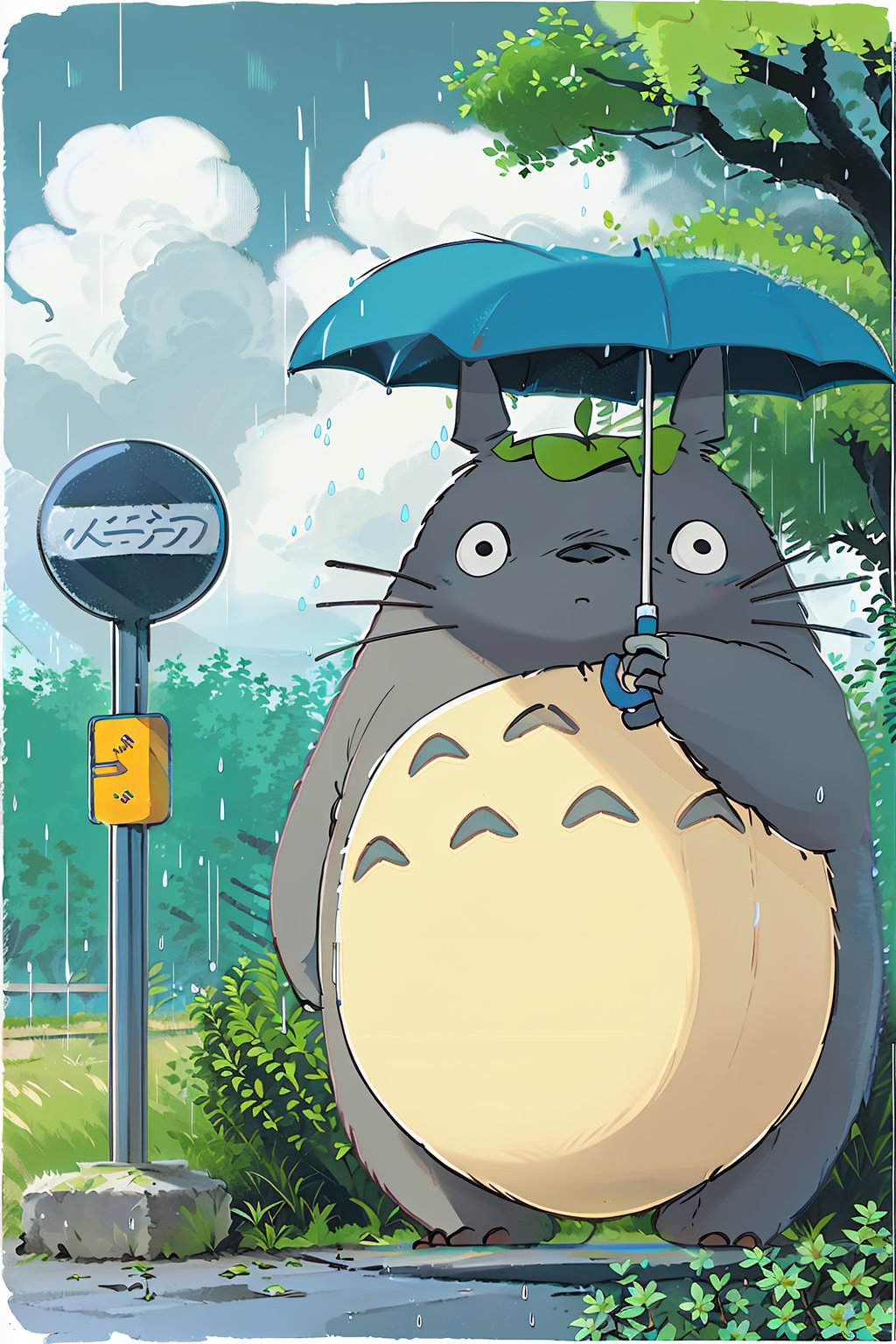 <lora:totoro001:0.7>,solo,big_totoro,holding umbrella,leaf on head,  tree, (under tree:1.3), bus stop, road, heavy rain, (raining:1.2), (cloudy day:1.3), (gray sky:1.3), hairy,