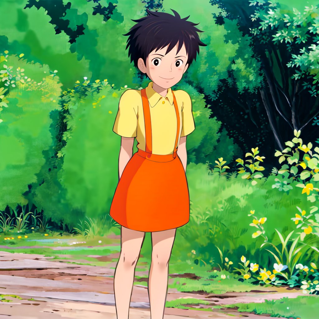 <lora:totoro001:0.7>,<lora:add_detail:0.8>,<lora:boldline:-0.3>,<lora:noline:0.3>,Satsuki,1girl,black hair,short hair,black eyes,yellow shirt,short sleeves,suspenders,skirt,looking at viewer,smile,nature,full body,