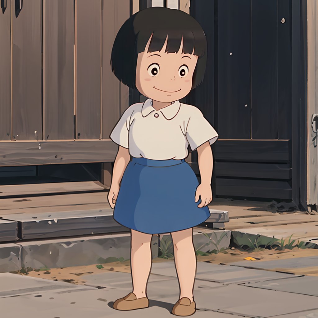 <lora:totoro001:0.7>,solo,Michiko,1girl,white shirt,short sleeves,skirt,full body,standing,smile,