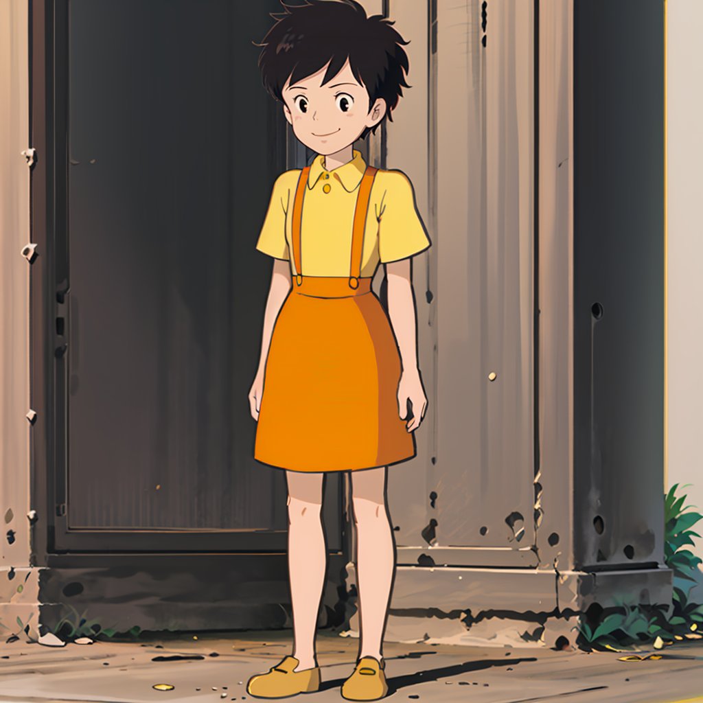 <lora:totoro001:0.7>,solo,Satsuki,1girl,black hair,short hair,black eyes,yellow shirt,short sleeves,suspenders,skirt,full body,standing,smile,