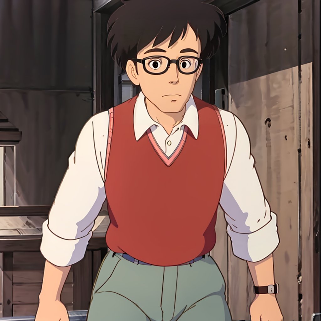 <lora:totoro001:0.7>,solo,Tatsuo,1man,black hair,short hair,glasses,collared shirt,sweater vest,pants,