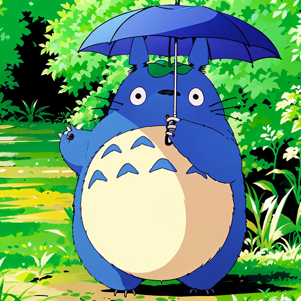 <lora:totoro001:0.7>,solo,big_totoro,holding umbrella,leaf on head,