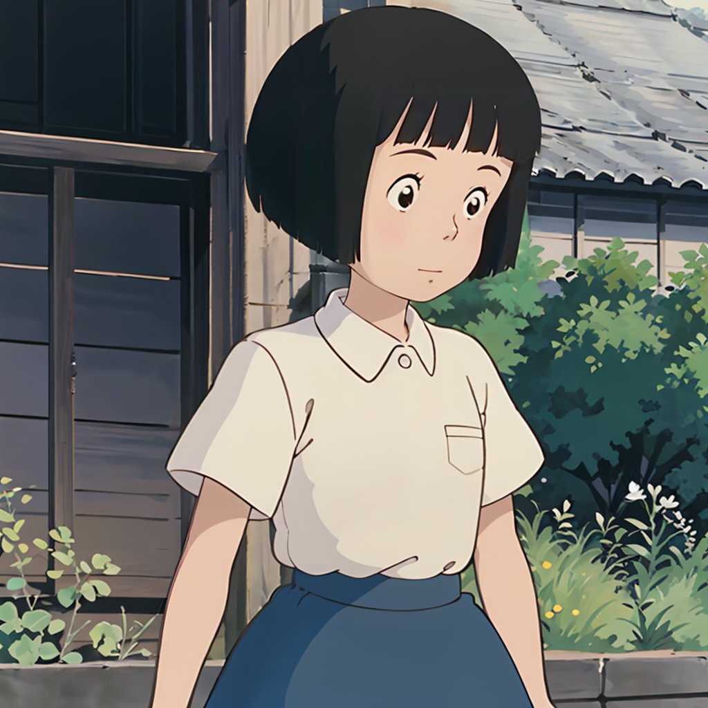 <lora:totoro001:0.7>,solo,Michiko,1girl,white shirt,short sleeves,skirt,
