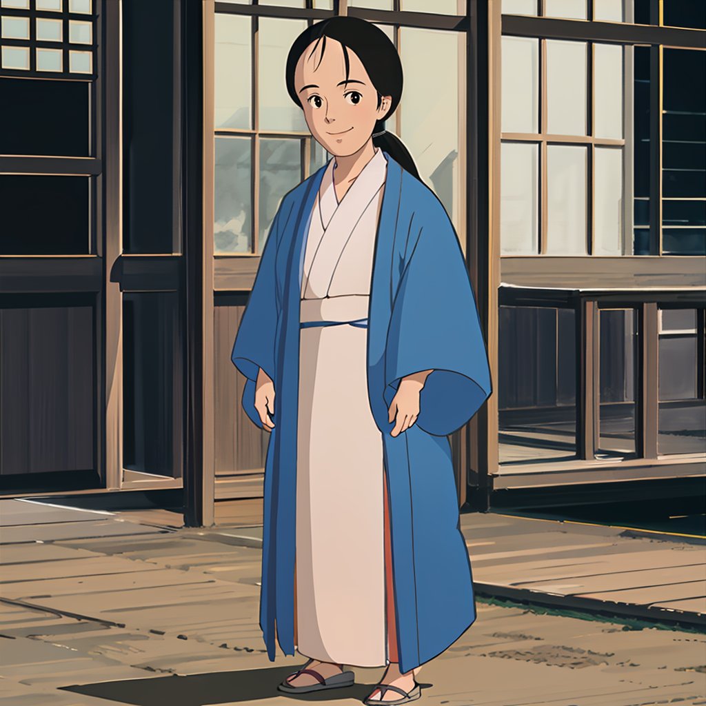 <lora:totoro001:0.7>,solo,Yasuko,1woman,black hair,long hair,low ponytail,black eyes,kimono,haori,full body,standing,smile,