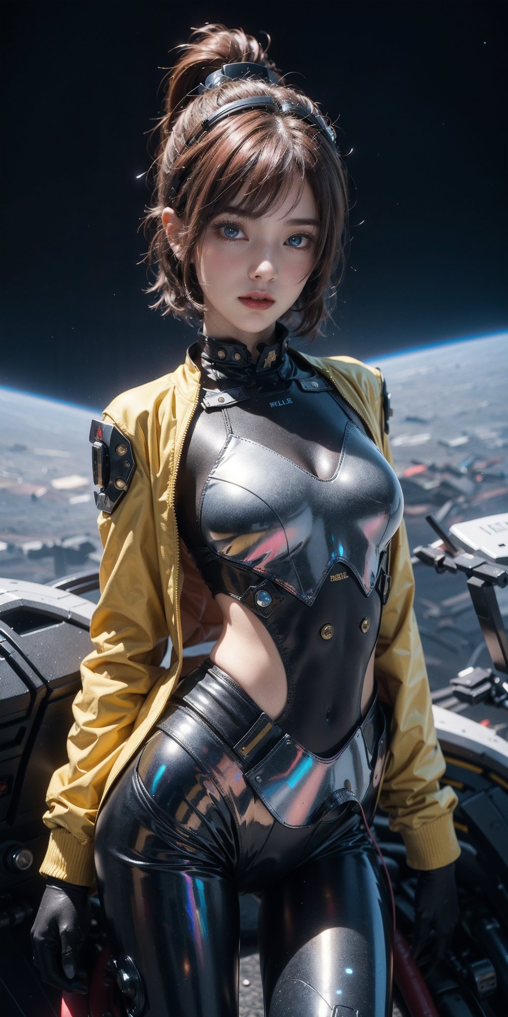 a girl, red hair, very short hair, ponytail, dark blue eyes, torn thunder yellow jacket, torn tight suit, destroyed armor, Space helm of the 1960s,and the anime series G Force of the 1980s,Darf Punk wlop glossy skin, ultrarealistic sweet girl, space helm 60s, holographic, holographic texture, the style of wlop, stellar explosions,Enhance