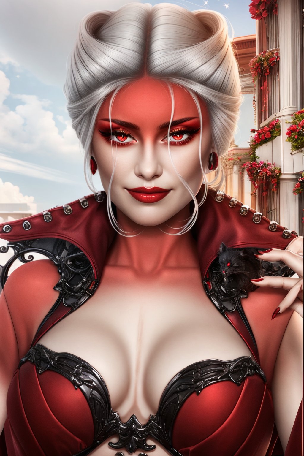 1woma, white hair, red white skin, red eyes, makeup, realistic, black dress, medium breast, plague, sitting, red roses background