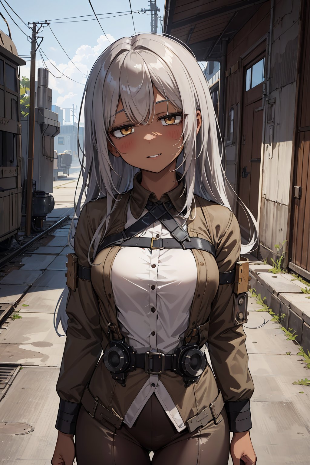 absurdres, highres, ultimate detailed, (emo girl:1.3), long hair, gray hair, (Dieselpunk:1.4), (Brown skin:1.3), head tilt, (grin:0.7), (Depression:1.2), doubt, expression, Looking down, looking at viewer