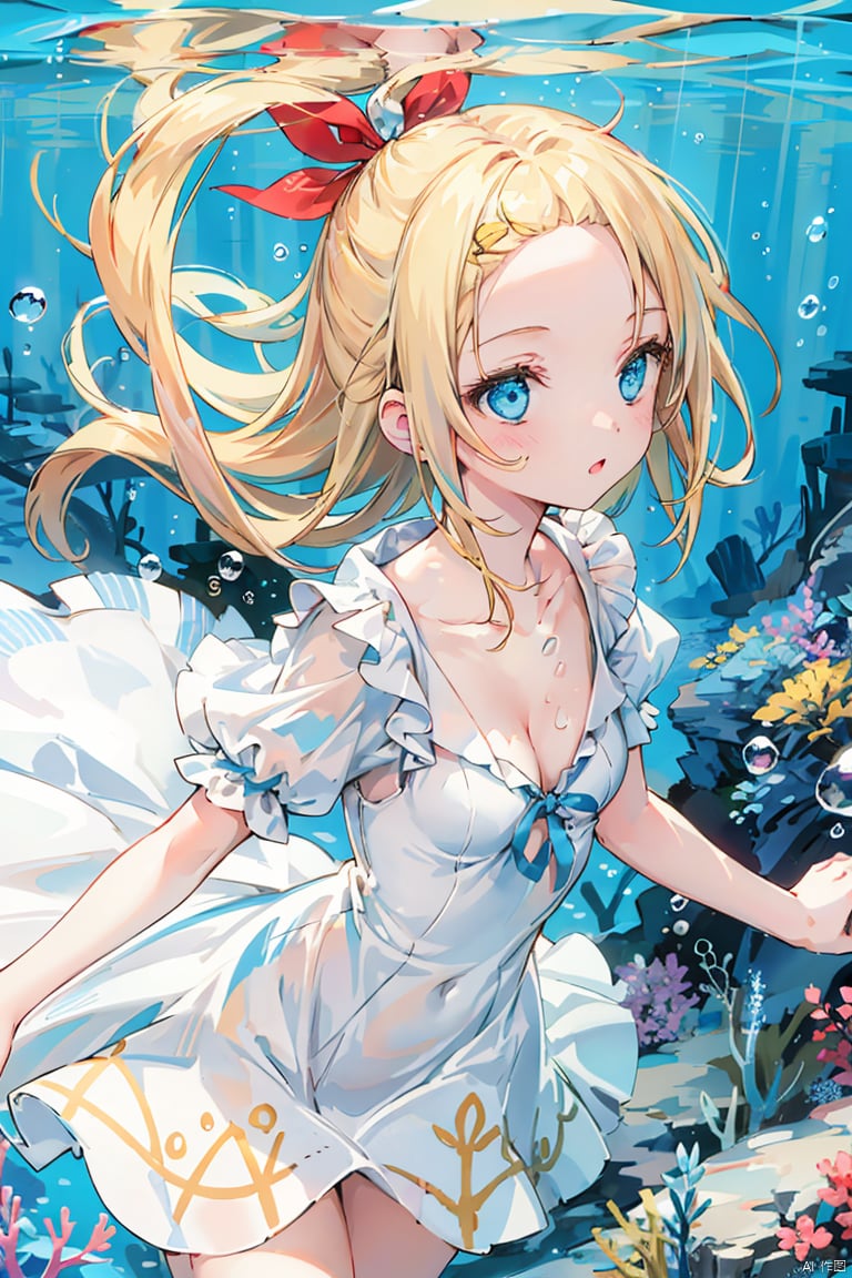 1girl, solo, blue eyes, blonde hair, long hair, bubble, air bubble, dress, forehead, short sleeves, ribbon, underwater, white dress, breasts, small breasts, collarbone, bangs pinned back, cleavage, submerged