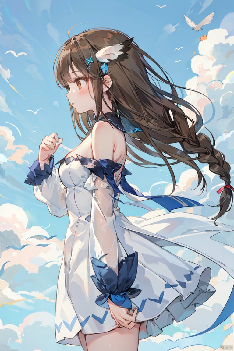 1girl, long hair, bird, brown hair, braid, dress, cloud, solo, sky, feathers, day, breasts, white dress, bare shoulders, animal, blush, profile, cleavage, brown eyes, blue sky, long sleeves, from side, very long hair, outdoors, detached sleeves, hair ornament, wind, cloudy sky, bird on hand, medium breasts