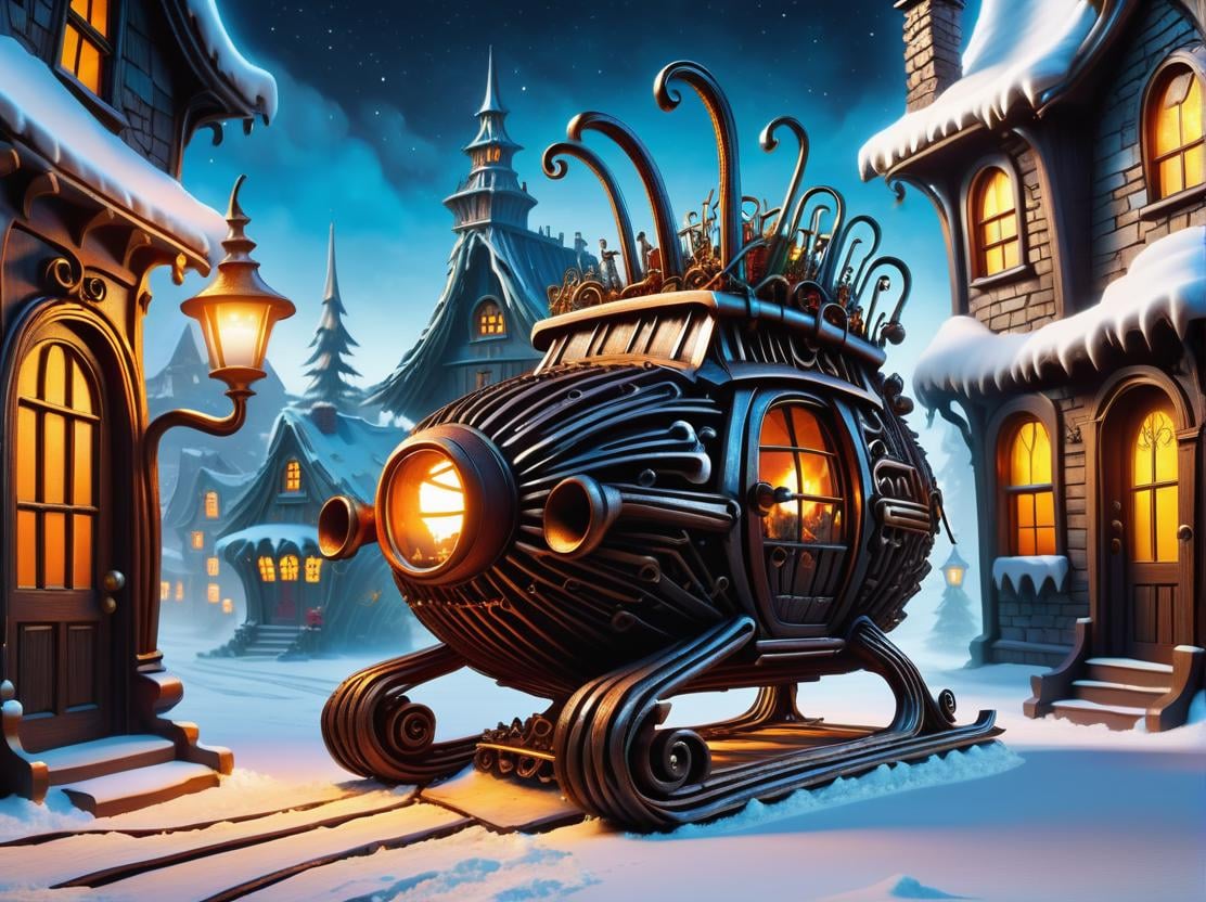 hyper detailed masterpiece, dynamic, awesome quality,DonMCr0wB4rXL whoville-inspired art, ebenezer scrooge, sleigh bells, full of anticipation and excitement, floor lamps, candle-lit windows on a snowy evening, made of crowbars <lora:DonMCr0wB4rXL-000008:1>