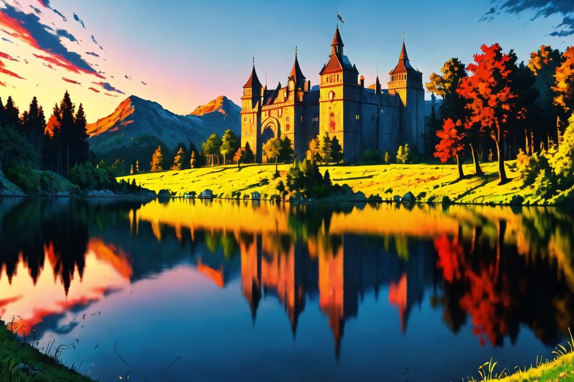 fantasy medieval castle,  lake with reflection,  forrest in background,  masterpiece,  best quality,<lora:EMS-248940-EMS:1.500000>