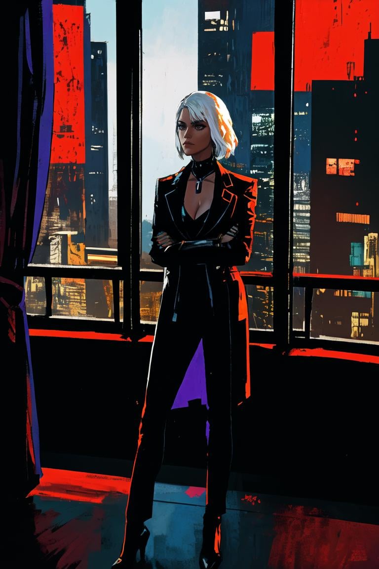 1girl,  short white hair,  cyberpunk setting,  sleek formal outfit,  neutral facial expression,  looking out the window with city view,  office,  crossed arms,<lora:EMS-248940-EMS:1.000000>