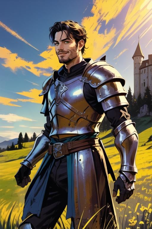 portrait, 1boy, waist up, looking at the horizon, heroic pose, armor, gauntlets, hair ornament, smile, blue sky, green grass field, medieval castle ruins, sunlight, deep colors, best quality, <lora:limshad:1>