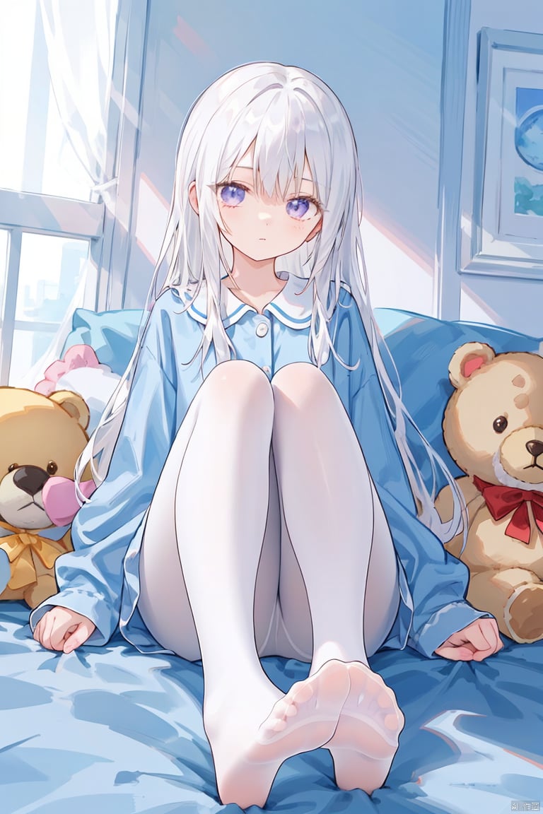 foot focus, 1girl, no shoes, pantyhose, white pantyhose, solo, long hair, purple eyes, soles, feet, stuffed toy, stuffed animal, white hair, long sleeves, looking at viewer, bangs, sitting, closed mouth, very long hair, sleeves past wrists, shirt, toes, blue shirt, foreshortening, full body, legs, teddy bear, knees up, curtains