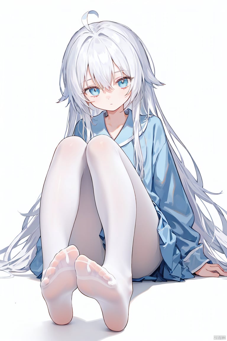 foot focus, 1girl, no shoes, solo, long hair, feet, pantyhose, soles, blue eyes, white pantyhose, looking at viewer, toes, sitting, bangs, ahoge, foreshortening, hair between eyes, skirt, full body, white hair, long sleeves, very long hair, closed mouth, white background, shadow, legs, shirt, blue shirt, blue skirt, simple background