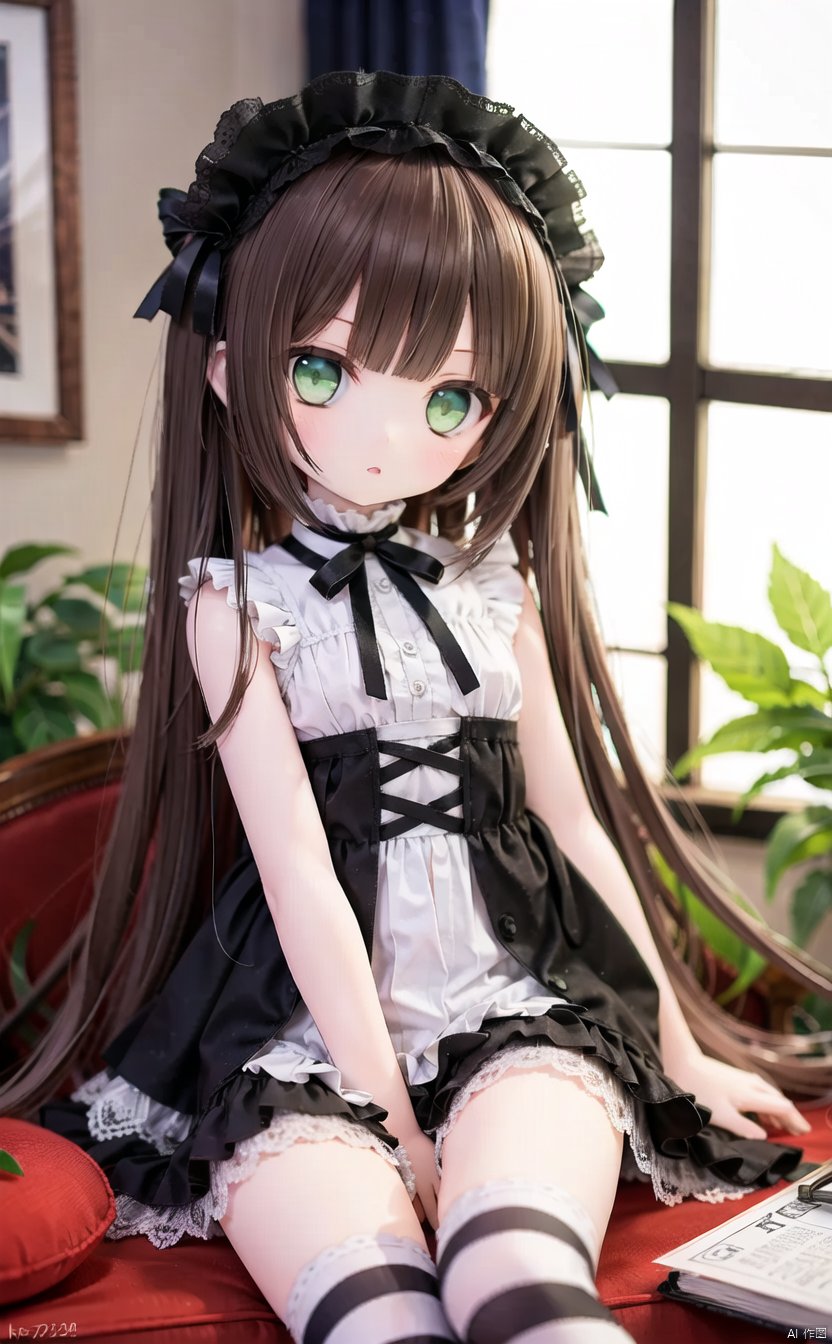 (cowboy shot,very long hair:1),ff40745b5cMI,1girl,striped,thighhighs,solo,long hair,stuffed toy,dress,stuffed animal,window,striped thighhighs,sitting,green eyes,star (symbol),lolita fashion,curtains,brown hair,hat,looking at viewer,