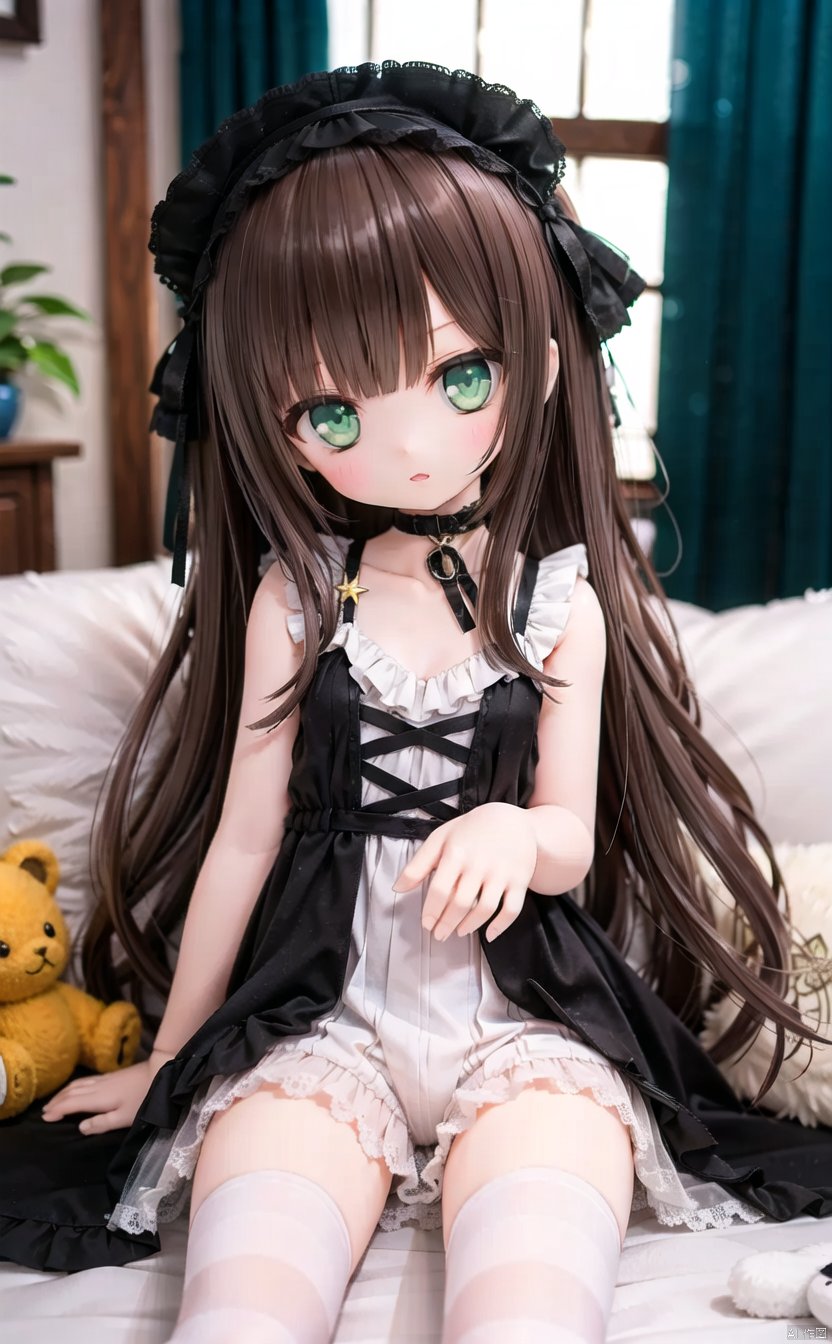 (cowboy shot,very long hair:1),ff40745b5cMI,1girl,striped,thighhighs,solo,long hair,stuffed toy,dress,stuffed animal,window,striped thighhighs,sitting,green eyes,star (symbol),lolita fashion,curtains,brown hair,hat,looking at viewer,