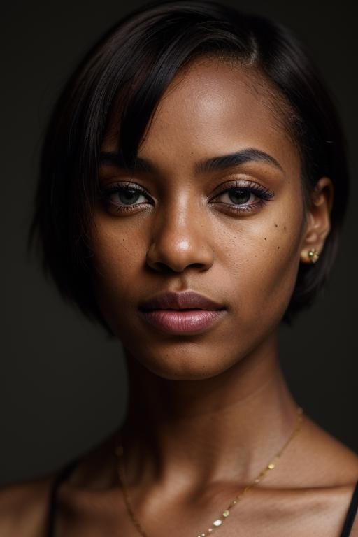 PA7_Portrait-HL_v2, an african woman, short hair, festive makeup, striking facial features, wearing shirt, grey background, shot on Fujifilm XT3, feminine pose, (epiCRealism:1.2) 