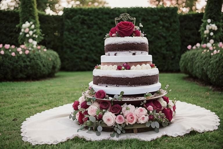 Wedding photography, photograph of wedding cake, garden of rose  background 