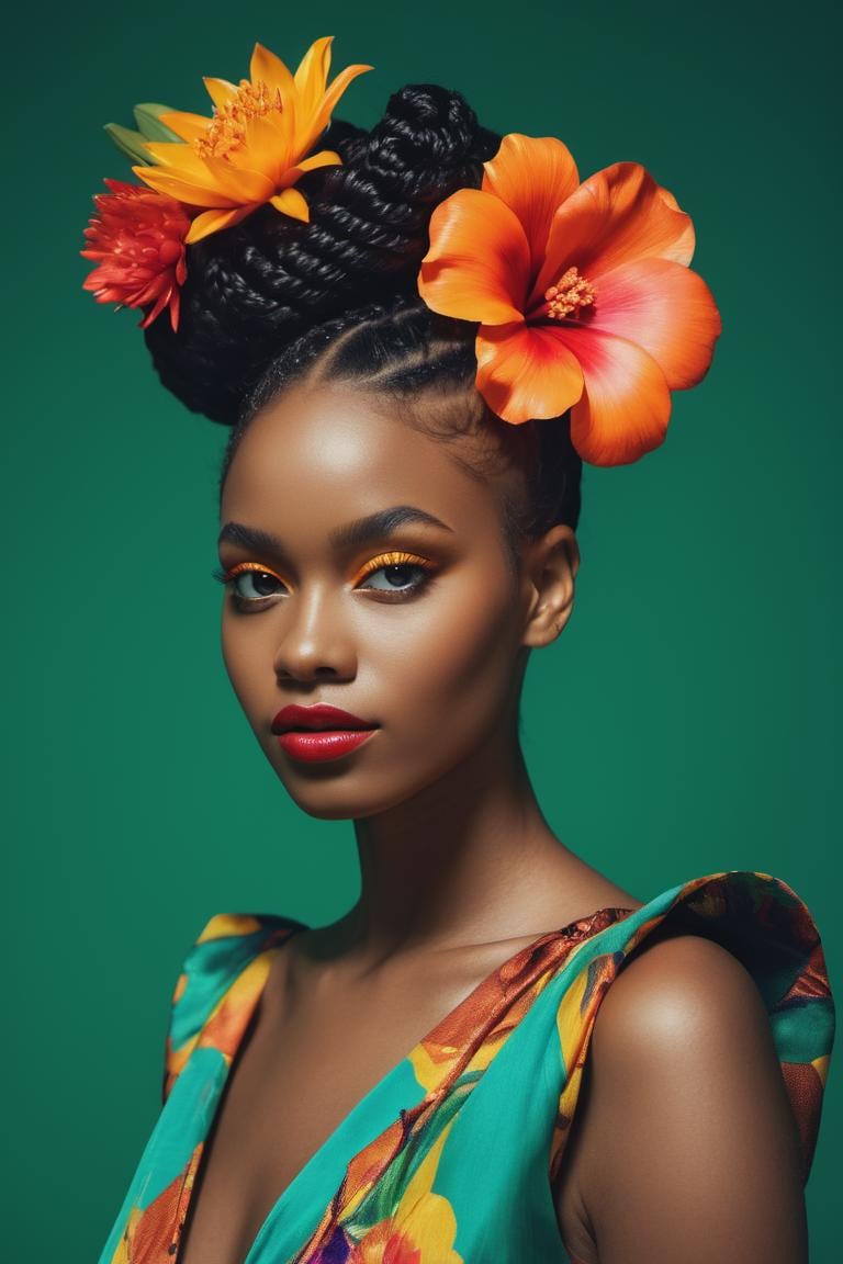 an african woman with a flower in her hair,  inspired by Horst Antes,  shutterstock,  neo-fauvism,  elegant fantasy style braids,  tropical style,  full shot fashion photography,  dressed in colorful silk, Movie Still, Film Still, Cinematic, Cinematic Shot, Cinematic Lighting, aesthetic portrait, <lora:EMS-17097-EMS:1.000000>, , <lora:EMS-31115-EMS:0.800000>, , <lora:EMS-41083-EMS:0.800000>