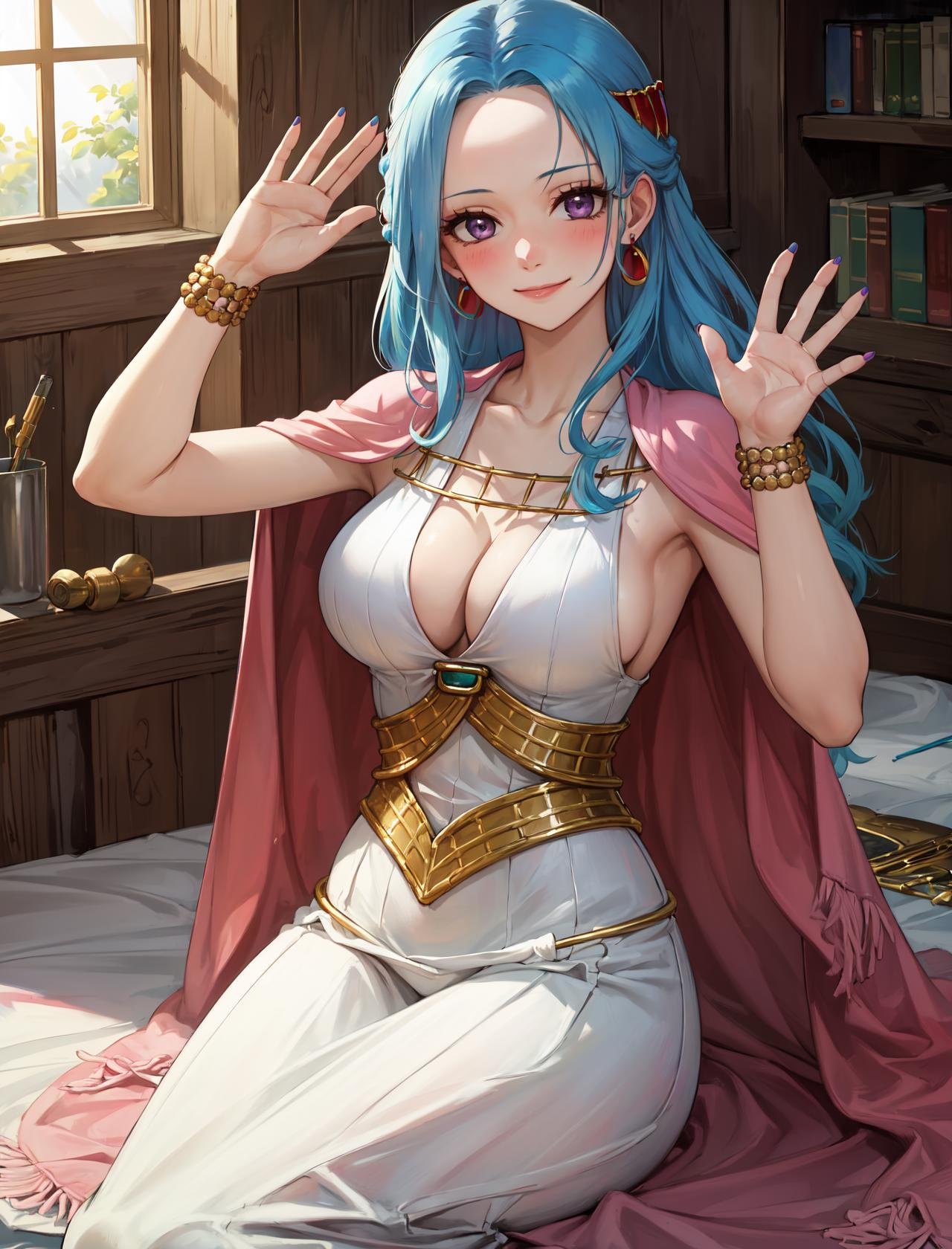 masterpiece, best quality, highres,NefertariDef, 1girl, solo, long hair, breasts, large breasts, hair ornament, dress, cleavage, jewelry, closed mouth, blue hair, purple eyes, collarbone, earrings, sleeveless, cape, nail polish, white dress, bracelet, eyelashes, sideboob, sleeveless dress,<lora:LoRA_Nefertari:1>, waving, medieval room, sitting on bed, window, looking at viewer, smile, blush