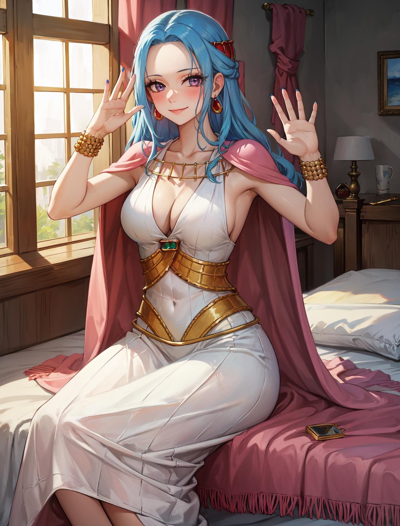 masterpiece, best quality, highres,NefertariDef, 1girl, solo, long hair, breasts, large breasts, hair ornament, dress, cleavage, jewelry, closed mouth, blue hair, purple eyes, collarbone, earrings, sleeveless, cape, nail polish, white dress, bracelet, eyelashes, sideboob, sleeveless dress,<lora:LoRA_Nefertari:1>, waving, medieval room, sitting on bed, window, looking at viewer, smile, blush