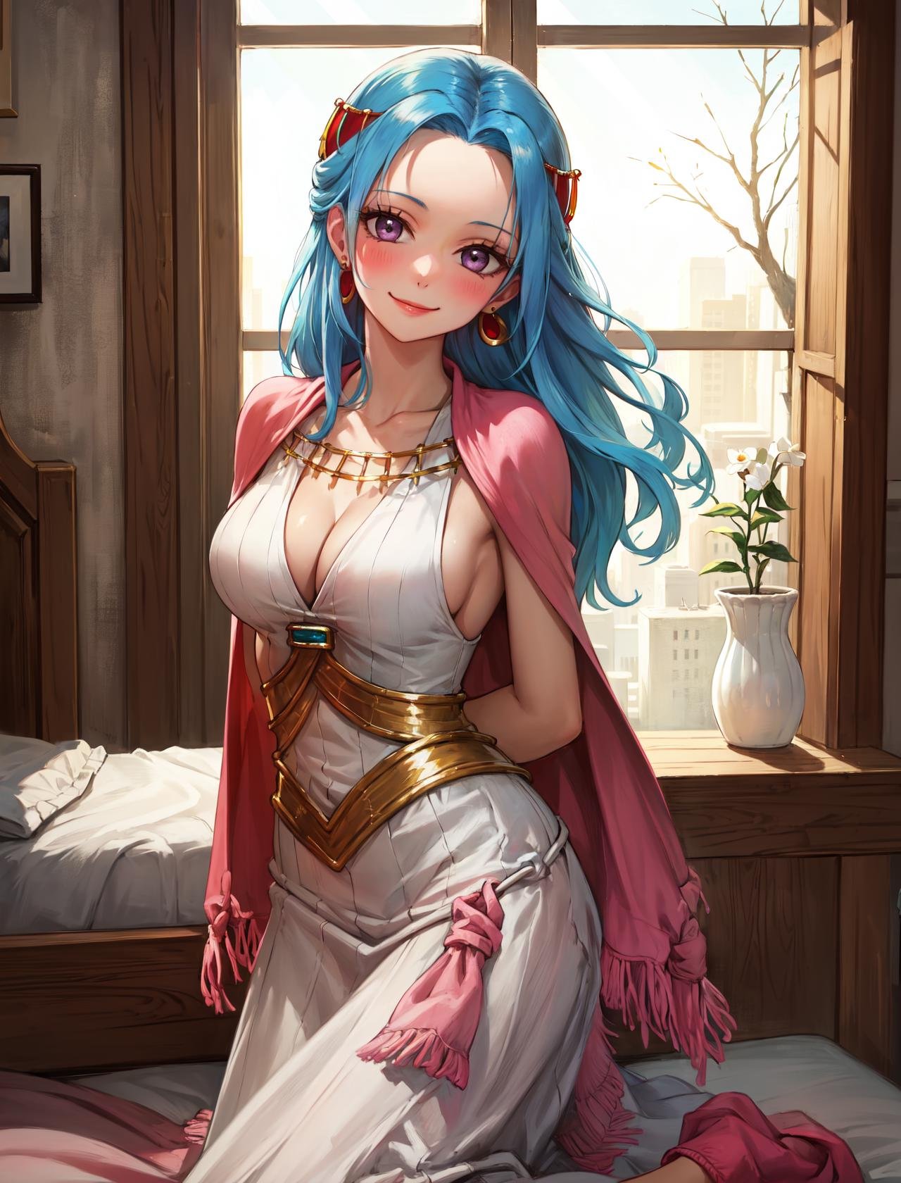 masterpiece, best quality, highres,NefertariDef, 1girl, solo, long hair, breasts, large breasts, hair ornament, dress, cleavage, jewelry, closed mouth, blue hair, purple eyes, collarbone, earrings, sleeveless, cape, white dress, bracelet, eyelashes, sideboob, sleeveless dress,<lora:LoRA_Nefertari:1>, leaning back, head tilt, medieval room, wariza, on bed, window, looking at viewer, smile, blush, arms behind back,