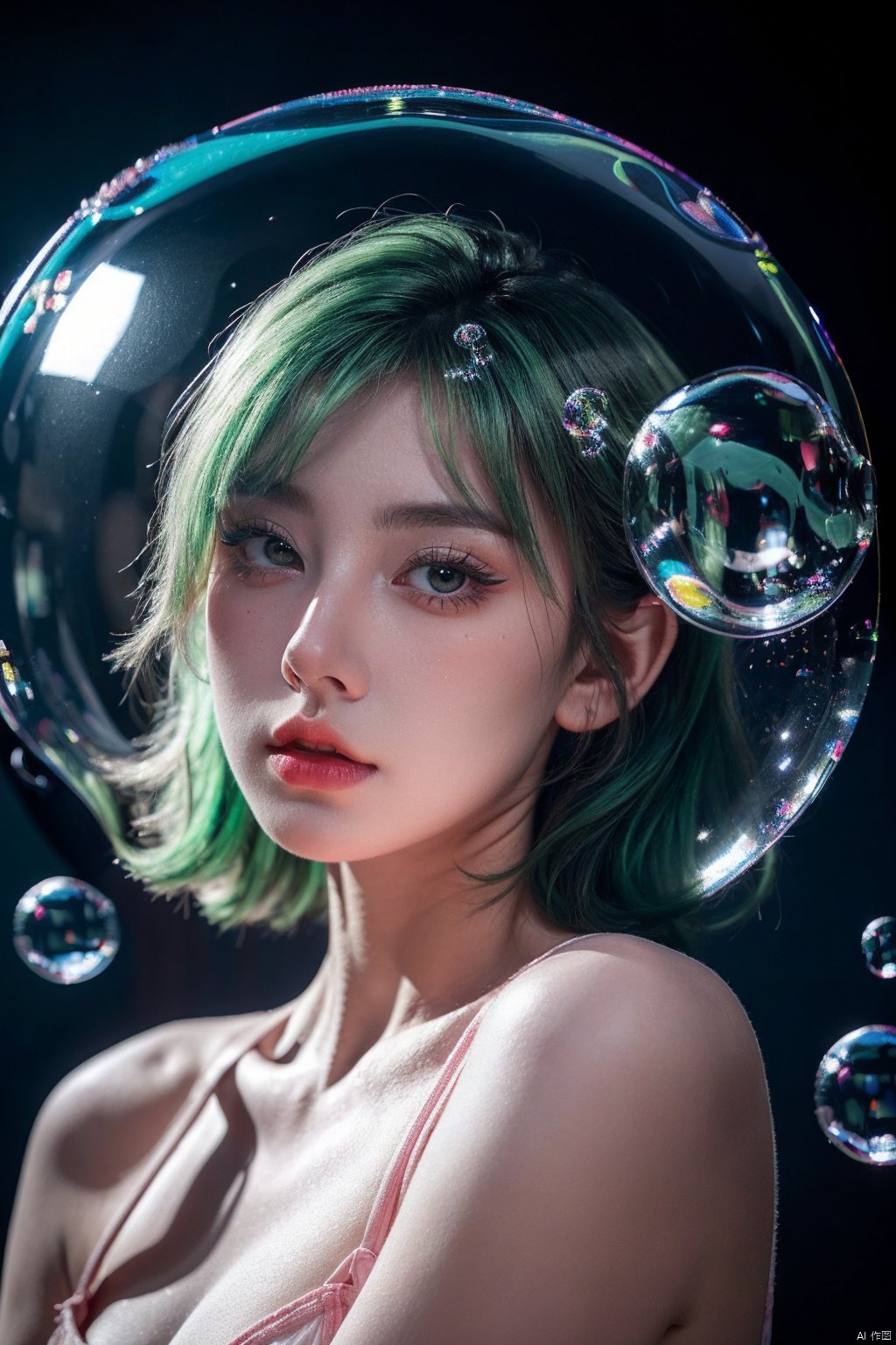 HUBG_Beauty_Girl, 1girl, 
The girl was inside bubble, 1girl,alluring pose, ,floating hair,,blacklight,(surrounded by bubble:1.3),spotlight, green hair, pink background, dark theme,(a lot of bubble:1.3),eye_contact,