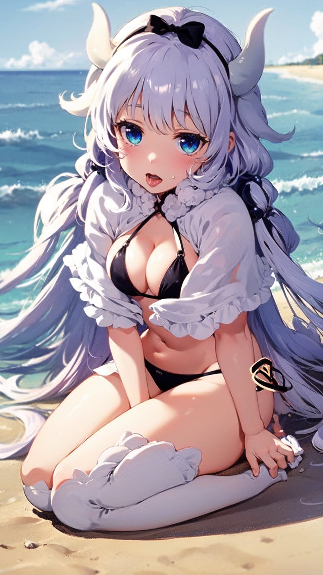 full body,  ,  bottom on alonea beach,  (micro bikini1.6),  halter body,  looking at viewer, (ahegao.1.5)big chest, AHEGAO, kanna12, alone,  lonely, sitting pose in the sand,<lora:EMS-250964-EMS:1.000000>