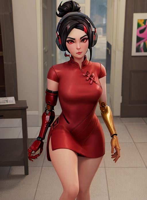 best quality, (masterpiece),(ultra-detailed), (high quality), (high resolution), <lora:demi:0.7> demi, black hair, red eyes, headphones, red dress,mechanical arm, fortnite, 