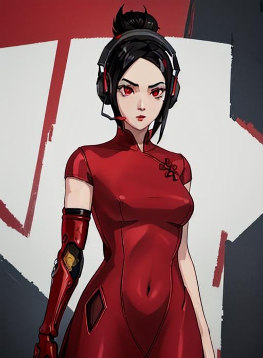 best quality, (masterpiece),(ultra-detailed), (high quality), (high resolution), <lora:demi:0.7> demi, black hair, red eyes, headphones, red dress