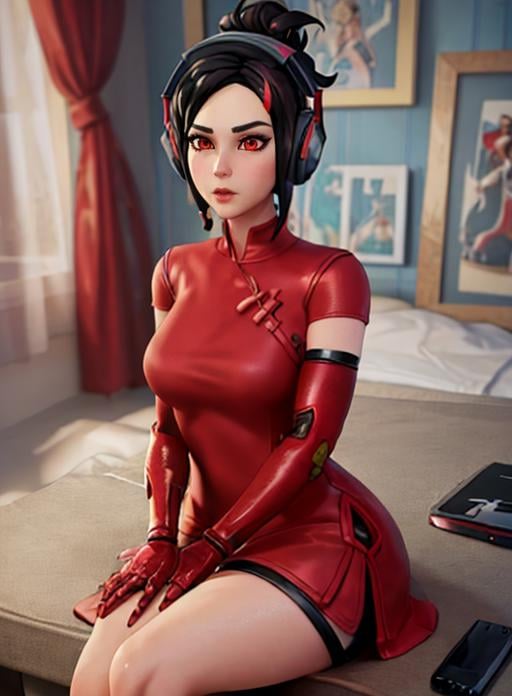 best quality, (masterpiece),(ultra-detailed), (high quality), (high resolution), <lora:demi:0.7> demi, black hair, red eyes, headphones, red dress, fortnite, 