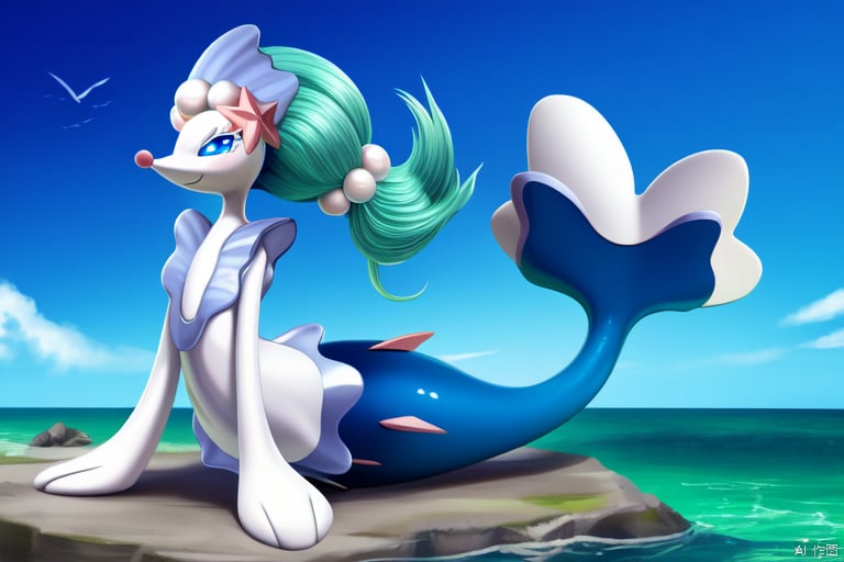  Masterpiece, best quality,primarina,beautiful landscape, solo, no human, happy, pokemon \(creature\), beautiful eyes,full body, mermaid,mermaid tail,fish tail,primarina,blue hair,blue tail,hair ornament,happy,no humans,pearl \(gemstone\),pokemon \(creature\), smile,solo,starfish ,white skin,starfish (accessory),White tail tip,Pearl hair accessories