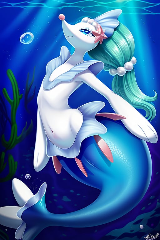 Masterpiece,  best quality, primarina, beautiful landscape,  solo,  no human,  happy,  pokemon \(creature\),  beautiful eyes, full body, mermaid tail, scales tail, navel, blue tail, hair ornament, no humans, pearl \(gemstone\), underwater, ocean , white skin, starfish (accessory), White tail tip, Pearl hair accessories, sing, bubble,<lora:EMS-251035-EMS:0.800000>