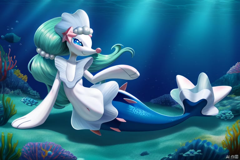 Masterpiece,  best quality, primarina, beautiful landscape,  solo,  no human,  happy,  pokemon \(creature\),  beautiful eyes, full body, mermaid tail, (scales tail:1.2), navel, hair ornament, no humans, pearl \(gemstone\), underwater, ocean, starfish (accessory), mouth_open, Pearl hair accessories, bubble,<lora:EMS-251035-EMS:0.800000>