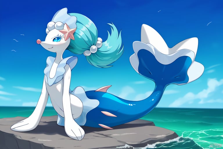  Masterpiece, best quality,primarina,beautiful landscape, solo, no human, happy, pokemon \(creature\), beautiful eyes,full body, mermaid,mermaid tail,fish tail,primarina,blue hair,blue tail,hair ornament,happy,no humans,pearl \(gemstone\),pokemon \(creature\), smile,solo,starfish ,white skin,starfish (accessory),White tail tip,Pearl hair accessories