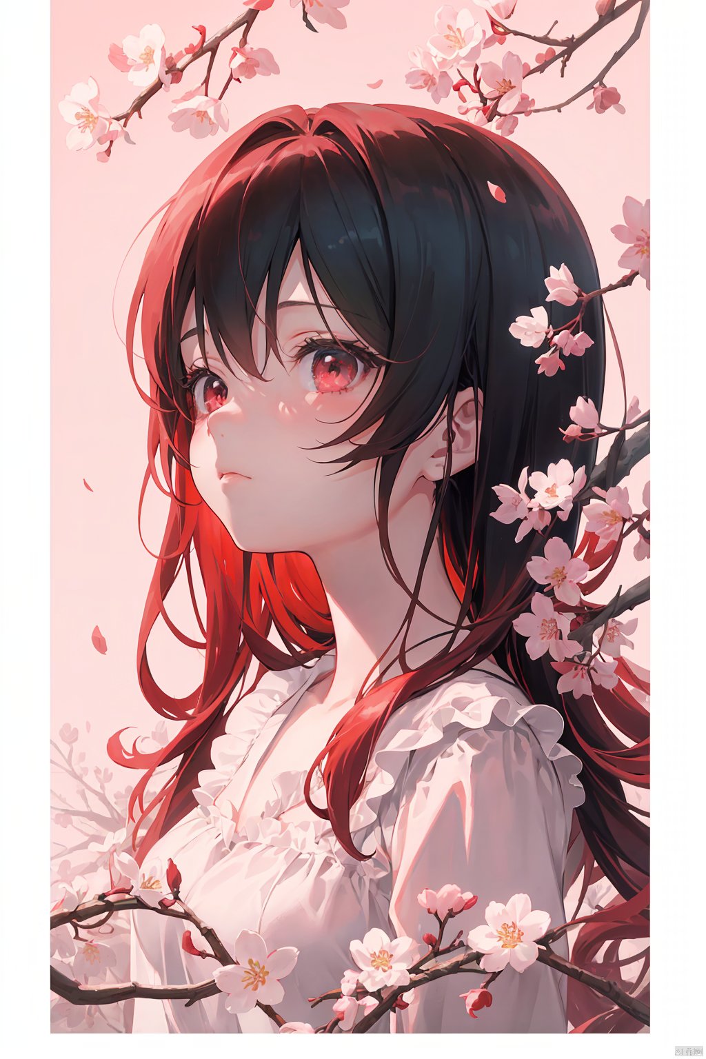  portrait,The image features a beautiful anime girl dressed in a flowing white and red dress, standing amidst a flurry of red cherry blossoms. The contrast between her white dress and the red flowers creates a striking visual effect. The lighting in the image is well-balanced, casting a warm glow on the girl and the surrounding flowers. The colors are vibrant and vivid, with the red cherry blossoms standing out against the white sky. The overall style of the image is dreamy and romantic, perfect for a piece of anime artwork. The quality of the image is excellent, with clear details and sharp focus. The girl's dress and the flowers are well-defined, and the background is evenly lit, without any harsh shadows or glare. From a technical standpoint, the image is well-composed, with the girl standing in the center of the frame, surrounded by the blossoms. The use of negative space in the background helps to draw the viewer's attention to the girl and the flowers. The cherry blossoms, often associated with transience and beauty, further reinforce this theme. The girl, lost in her thoughts, seems to be contemplating the fleeting nature of beauty and the passage of time. Overall, this is an impressive image that showcases the photographer's skill in capturing the essence of a scene, as well as their ability to create a compelling narrative through their art.catgirl,loli